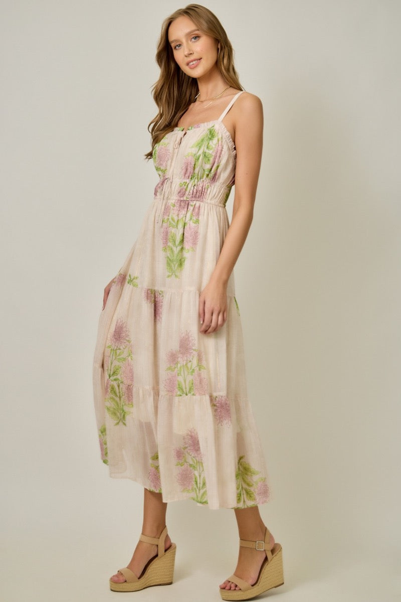 Woman wearing a floral dress on a plain background