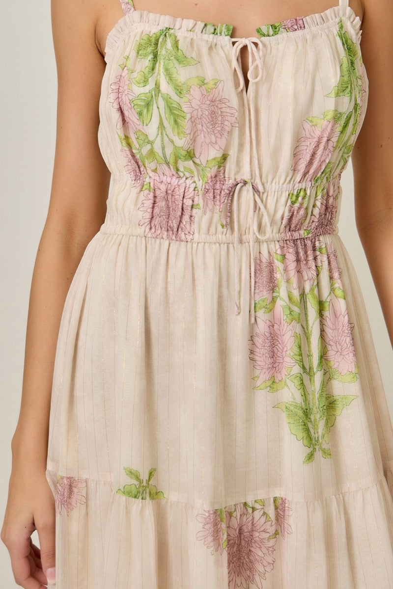 Beige dress with pink and green floral patterns on a plain background